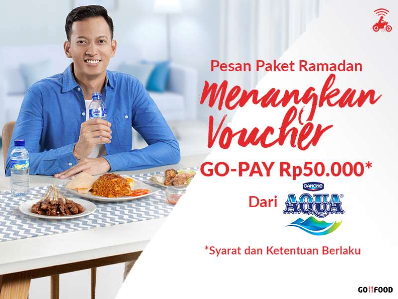 Dapatkan Voucher GO-PAY Rp50.000 dari AQUA Setiap Pembelian Paket Ramadan AQUA.